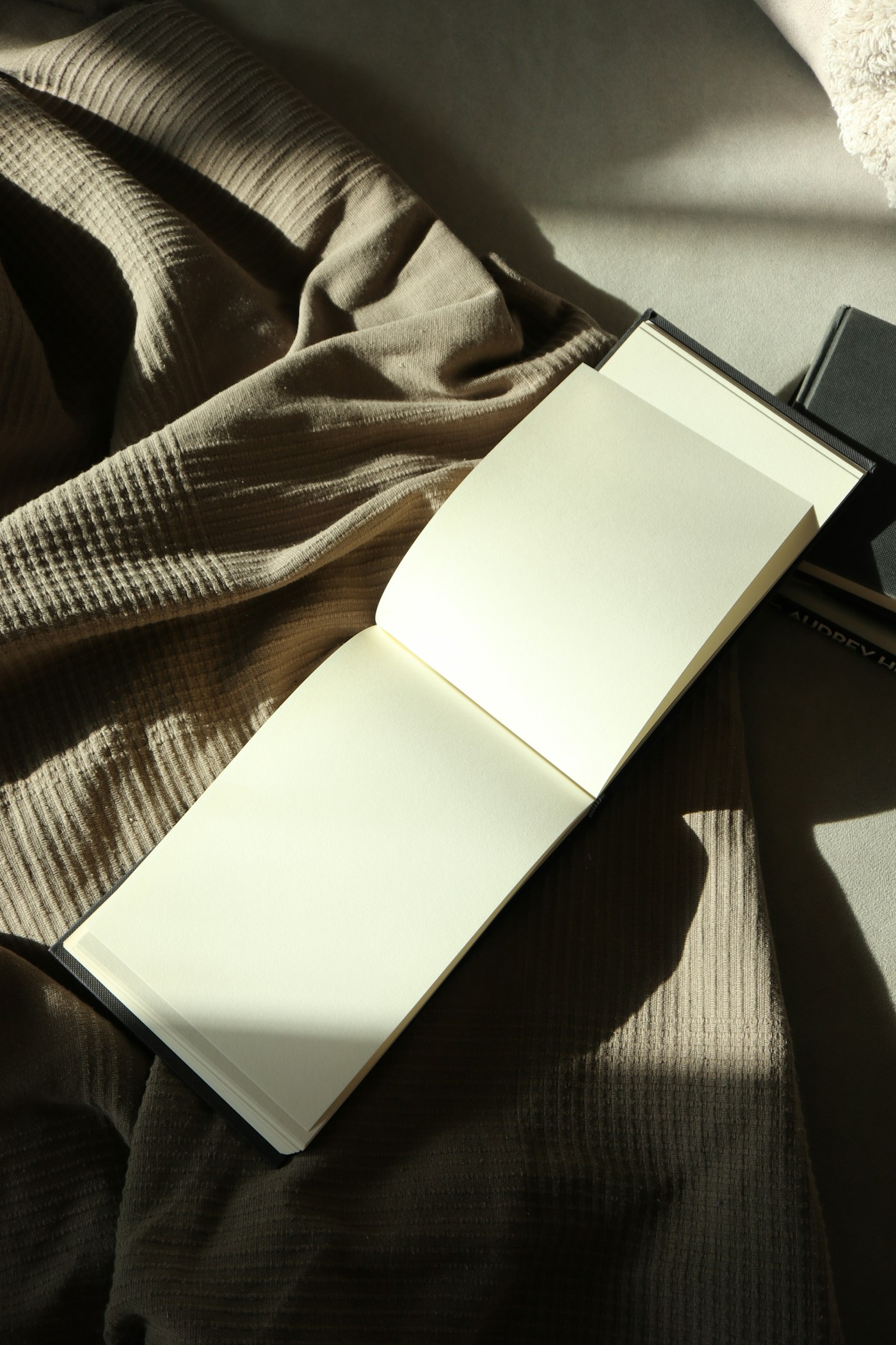An open blank notebook resting on taupe fabric in soft window light